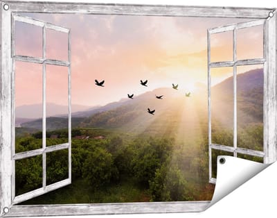 Gards Tuinposter Doorkijk Silhouet Zwerm Vogels bij Zonsondergang - 90x60 cm - Tuindoek - Tuindecoratie - Wanddecoratie buiten - Tuinschilderij