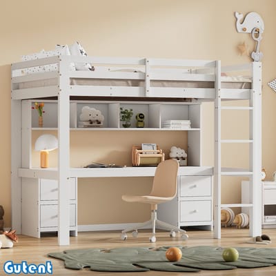 Gutent Hoogslaper-90*200 cm-Kinderbed-met-tafel-onderop-Opbergruimte-Trap-stabiel-Wit-Geen matras-Geen stoel