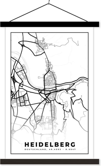 Posterhanger incl. Poster 40x60 cm - Schoolplaat - Heidelberg - Plattegrond - Kaart - Stadskaart - Textielposter - Zwarte latten - Stadskaart