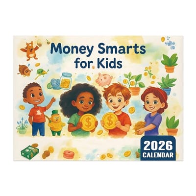 Dailygoods - Wandkalender 2026, grappige Money Smarts voor kinderen, kalender 2026, karikatuur kalender, maandoverzicht, 12 maanden, karikatuur financiële planning, tafelkalender, financieel beheer