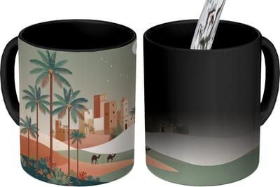 Magische Mok - Foto op Warmte Mokken - Koffiemok - Nachtlandschap - Kamelen - Sterren - zandduinden - Magic Mok - Beker - 350 ML - Theemok
