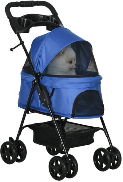 Merax Hondenbuggy - Opvouwbare Huisdierenwagen - Tot 4 kg - Met 360° Draaiende Wielen Bekerhouders en Opbergmand - Blauw