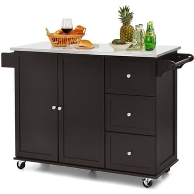 Coast Keukenwagen serveerwagen - RVS - Keukeneiland met 3 laden - 135 x 45,5 x 91,5 cm - Bruin/Wit/Zwart