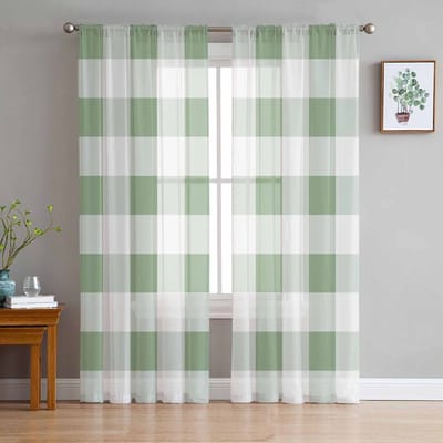 Saliegroen Geruit Transparante Gordijnen voor Woonkamerdecoratie Raamgordijnen voor Keuken Tule Voile Organza Gordijnen W135 x H137cm x1