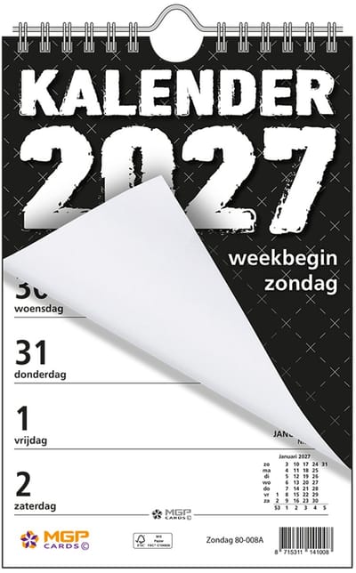 MGPcards - Weekblok met Wire-O binding 2027 - Week begint op zondag - 13,5 x 20,5 cm - Zwart