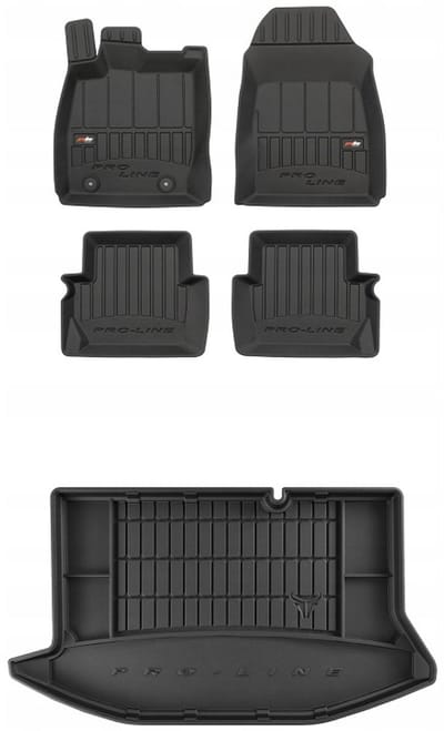 Frogum ProLine Complete Set: Luxe Rubberen Automatten + Kofferbakmat - Geschikt voor Ford Fiesta Mk7 Hatchback 2008-2012 - Bevestigingsafstand 25,5 cm - Voor kofferbak met organizer - Geurloos TPE - Zwart