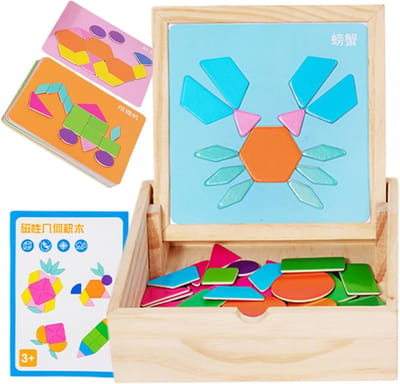 Magnetische Tangrams - Houten Puzzels - Educatief Spel - Veelzijdig Ontwerp - 17.8 x 17.6 cm - Geometrische Blokken