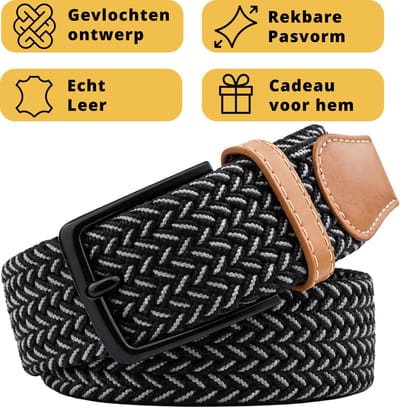 Garzini Elastische Riem Heren - Gevlochten Broekriem Heren zonder gaatjes - Broekriem zonder gaatjes - W31-W33 (91-99 cm) - Zwart Wit