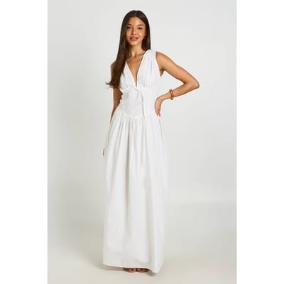 boohoo Dames Katoenen Popeline Maxi Jurk Met Diepe V-hals En Getailleerd Middel Detail | Wit | Maat: 44