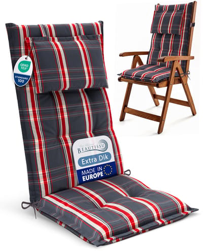Beautissu Tuinkussen Hoge Rug Zitkussen 120x50cm HighLux HL – Set van 1 Stoelkussen voor Tuinstoelen 7cm dik Grijs-Rood Geruit – Made in EU