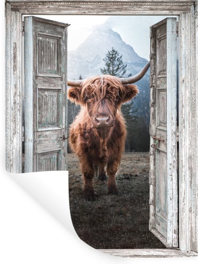 Muurstickers - Sticker Folie - Schotse hooglander - Koe - Landelijk - Doorkijk - 30x40 cm - Plakfolie - Muurstickers Kinderkamer - Zelfklevend Behang - Zelfklevend behangpapier - Stickerfolie
