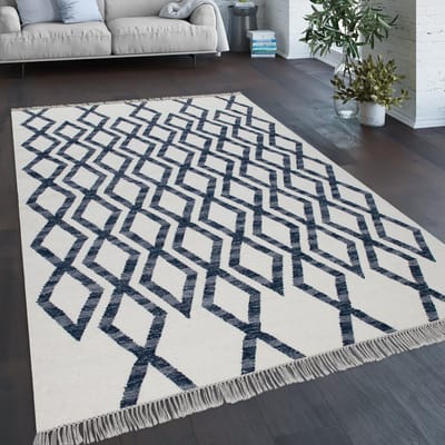 Paco Home vloerkleed woonkamer Boho stijl franje handgeweven wol-katoen mengsel blauw 120x170 cm