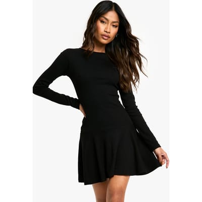 boohoo Dames Rib Dropped Hem Skater Jurk | Zwart | Maat: 36