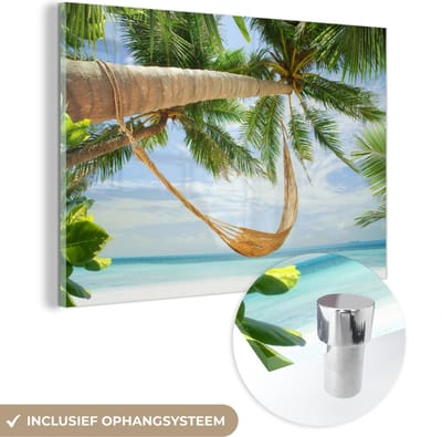 MuchoWow® Glasschilderij 150x100 cm - Schilderij acrylglas - Palmbomen - Hangmat - Zomer - Zee - Foto op glas - Schilderijen