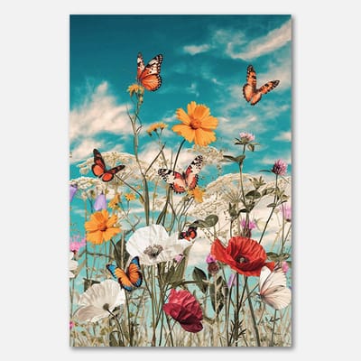 Poster op papier - 40 x 60 cm - Bloemenveld met vlinders en blauwe lucht - PosterJunkie