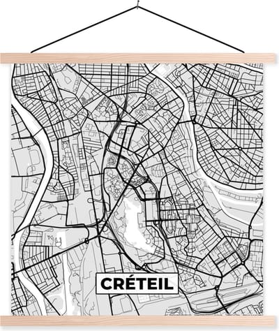 Posterhanger incl. Poster 40x40 cm - Schoolplaat - Frankrijk - Créteil - Stadskaart - Plattegrond - Kaart - Textielposter - Blanke latten - Stadskaart