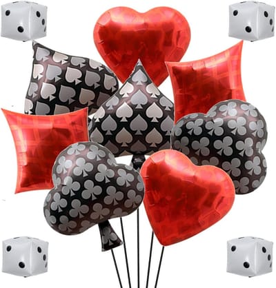 Feestballonnen Casino Thema - Kaart & Dobbelsteen - Themafeest Decoratie - Folie Ballonnen Set - 12 Stuks - Rood Zwart