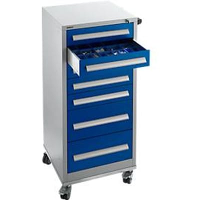 Schäfer Shop Pure ladekast SFR 70, 7 laden, B 544 x D 500 x H 1215 mm?met wielen, wit aluminium RAL 9006/gentiaanblauw RAL 5010