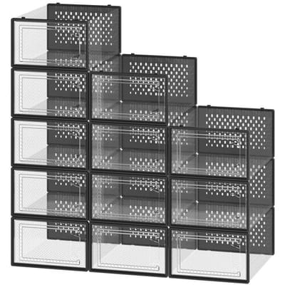Ochama Set van 12 Stapelbare Sneaker Opbergdozen, Transparante Plastic Schoenorganizers voor Kast, Zwart, Transparant