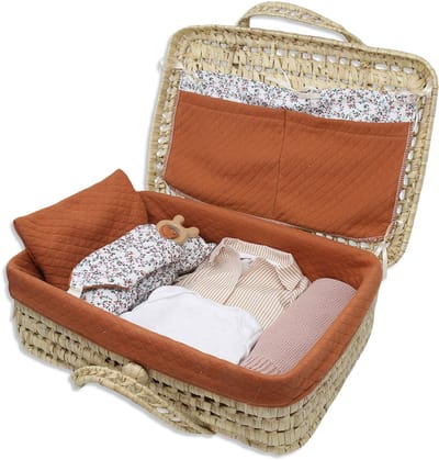 ASI DREAMS Poppen Accessoires - Poppen Reiskoffertje - Bloemenprint - Roest/Groen