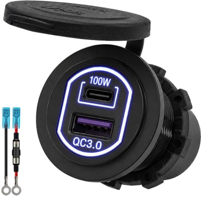 ProRide 12-24V USB/USB C Autolader 2 Poorten Inbouw - 100W QC3.0 - Snellader - Blauw - Met Aansluitkabel