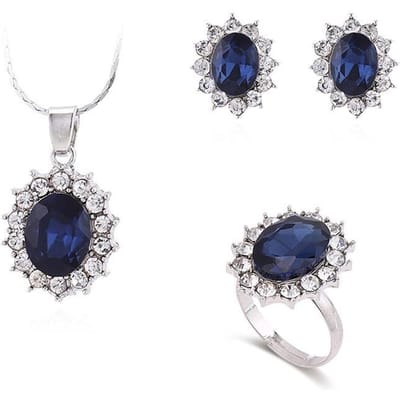 Costume Tournesol Personnalisé Mode Polyvalente Élégant Classique Flash Diamant Collier Boucles d'Oreilles Bague Costume Bijoux Femmes bleu