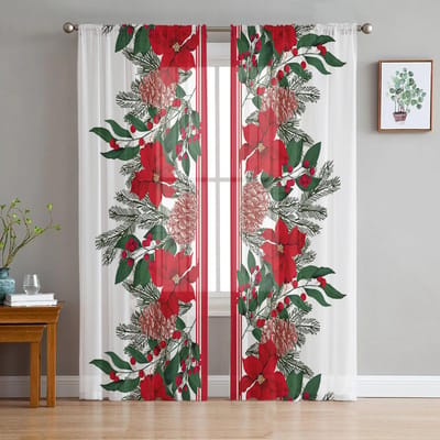 Kerst Poinsettia Dennennaalden Dennenappels Transparante Gordijnen Woonkamer Decoratie Raamgordijnen Keuken Tule Voile Gordijnen W135 x H115cm x1 red