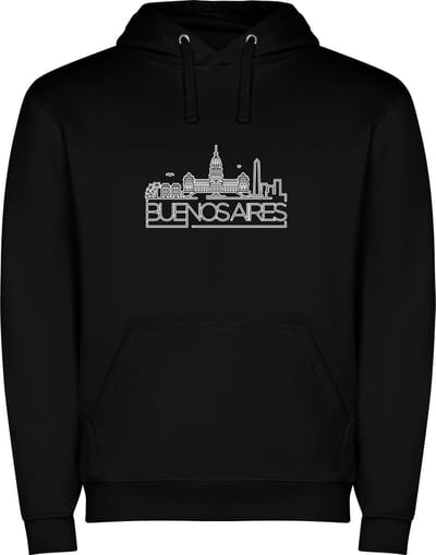Zwarte unisex hoodie met “ Kleurrijke Sky Line Buenos Aires – Vakantiegevoel – Strak – Modern “ Print Full Color Color merk Roly maat S