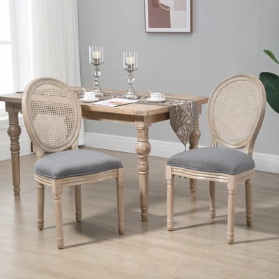 Pugsdrly Keukenstoelen in set van 2, zacht gestoffeerd, vintage-design, rotanlook, grijs