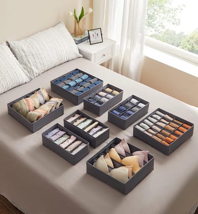 Famanu RUS08GY Ondergoedorganizer, 8-delige set, lade-organizer, opvouwbaar, opbergsysteem kledingkast, opbergdoos, stoffen dozen opslag, voor beha's, sokken, stropdassen, grijs