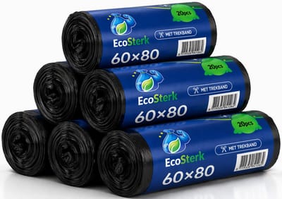 EcoSterk Vuilniszakken - 60 Liter - 20 Stuks - Afvalzakken - Met Trekband - Gerecycled LDPE - Zwart - 6 Rollen