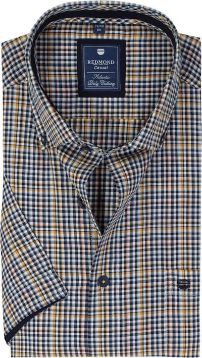 Redmond comfort fit overhemd - korte mouw - Oxford - blauw - wit en geel geruit