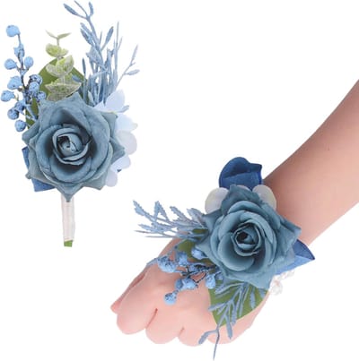 Bruiloft set - Polsbloem corsage - Feestelijke gelegenheid - Kunstbloemen met lint - 10 x 15.5 x 4.7 cm - Blauw