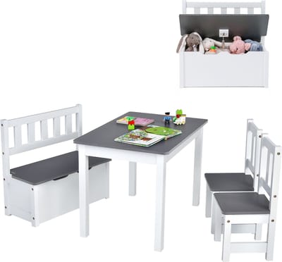 COSTWAY 4-Delige Kindertafel & Stoel Set, 2-In-1 Houten Peuter Activiteit Tafel Set met 2 Stoelen & 1 Opbergbankje, Multifunctionele kindermeubilair voor Spelen, Tekenen, Lezen & Dineren (Natuurlijke)