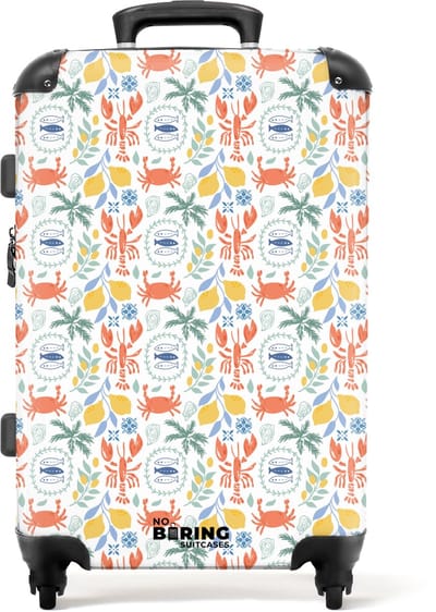 NoBoringSuitcases.com - Grote koffer - Kreeft en citroen patroon kleurrijk - Kinderkoffer geschikt voor jongen en meisjes - Reiskoffer met 4 wielen - Trolley op wieltjes - Rolkoffer groot kinderen - 72 liter - Ruimbagage valies 20kg