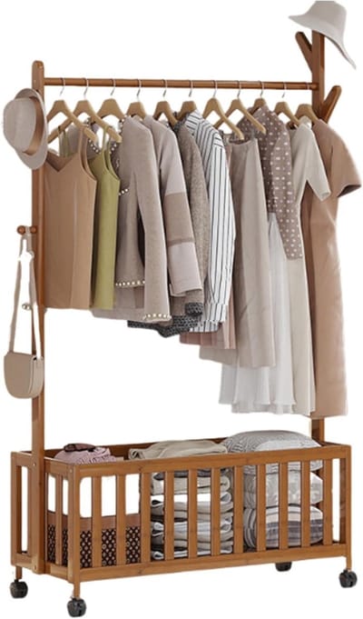 Bamboe Kledingrek - Garderobe met Wielen - Ruimte Ordenen - Met Bodemmand - 63 cm - Bruin