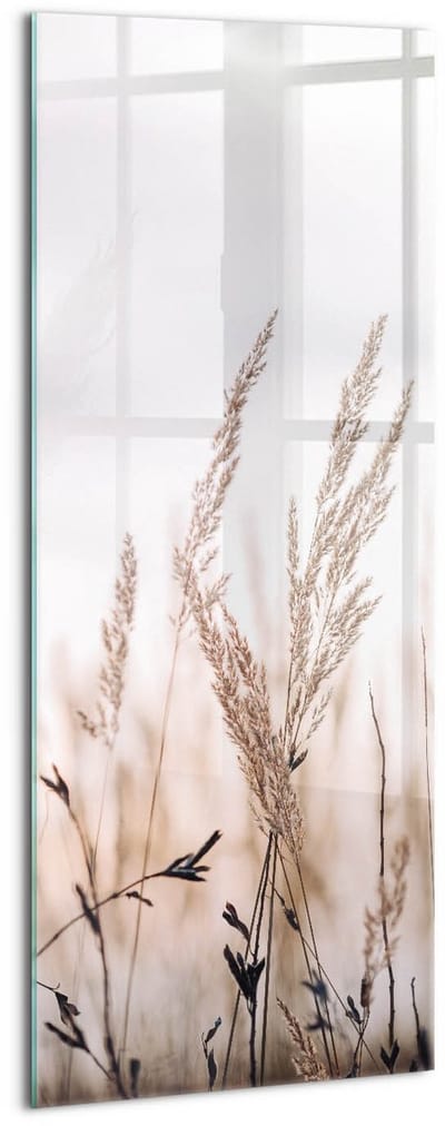Wallfluent Glasschilderij - Natuurlijke grasstijl in boho-stijl Schilderij Glas - 50x125 cm - Beige Verticale Muurschildering - Natuur Glas Foto - Glas Schilderij - Foto Glas