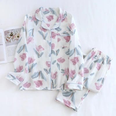 Lente/Zomer Nieuwe Dames Pyjama Set 100% Katoen Crêpe Lange Mouw Broek Tweedelig Grote Cardigan Huisinrichtingsset XXL white