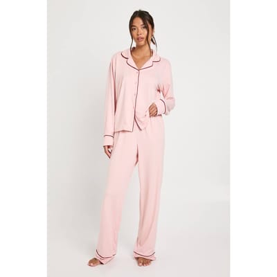 boohoo Dames Jersey Paspeldetail Langemouwig Shirt & Broek Pyjama Set | Baby Roze | Maat: 34