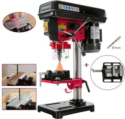 AREBOS kolomboormachine Geïntegreerde positielaser 500 W tot 2500 t/min, 5-trapsboordiepte, instelbare dieptestop, kantelbare/draaibare en in hoogte verstelbare boortafel)