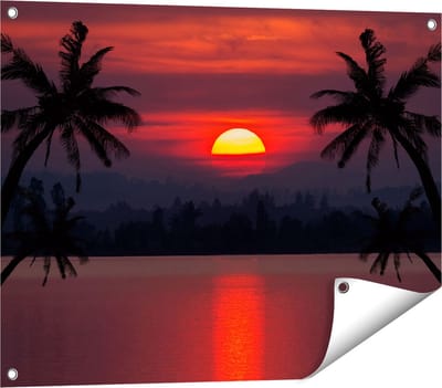 Gards Tuinposter Zonsondergang op het Strand met Palmbomen - 80x60 cm - Tuindoek - Tuindecoratie - Wanddecoratie buiten - Tuinschilderij