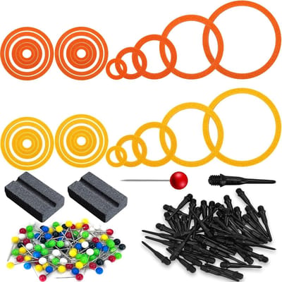 Darts trainingsringen en accessoires: 30 felt dart training rings, 50 zachte dart tips, kleurrijke pins en slijpstenen
