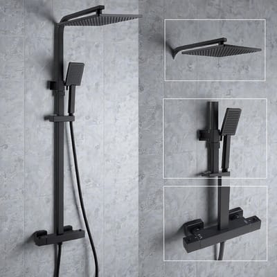 Auralum Max Regendouche met Thermostaatkraan - Doucheset Zwart - 10 inch Douchekop - RVS - Regendoucheset - Inclusief Koper Thermostatische - Verstelbare Hoogte 97-130 cm - Zwart