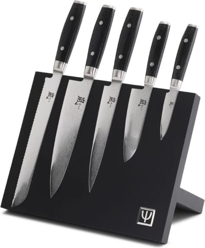 Yaxell Ran Messenset – 6-delig – Beukenhouten Magnetische Messenhouder met 5 Messen – 69 Lagen Damaststaal – VG10 Staal – 61 HRC – Canvas-Micarta Heft