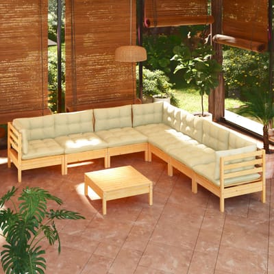 vidaXL - 8-delige - Loungeset - met - crèmekleurige - kussens - massief - grenenhout