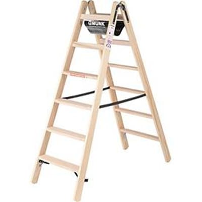 Munk® houten trap, naaldhout/beuken, 80 mm geribbeld, hoefijzerscharnieren, 150 kg, emmerhaak, textiel gordelspreider veiligheidsvoorziening, 12 treden