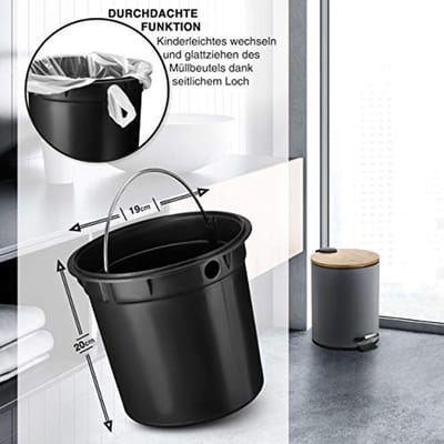Stijlvolle 5L Pedaalemmer met Softclose Mechanisme voor Badkamer - Elegante Afvalemmer met Bamboe Houten Deksel