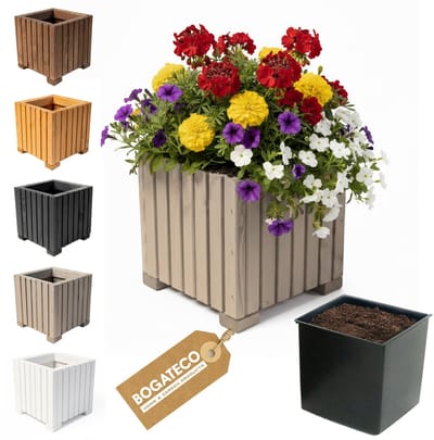 Houten bloembak | Plantenbak | Bloempot 25 x 25 x 25 cm | Kruidenpot | Bloempot met kunststof inzetstuk | Waterdicht | Grijs