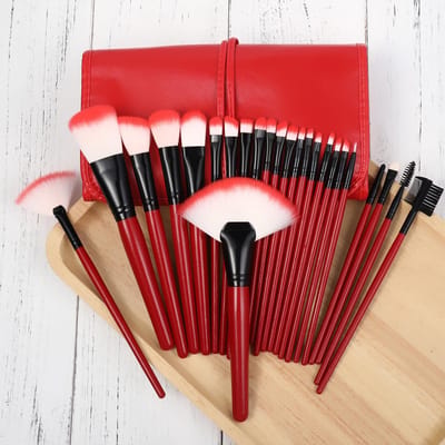 Professionele Make-up Kwastenset - 24 Stuks - Cosmetica Kwastenset – Roodkleurig