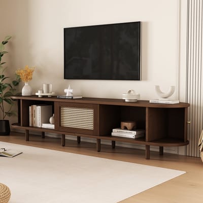 DESMIU Tv Meubel - Ovaal Design Met Schuifdeuren En Lade - Voor Woonkamer En Mediaopslag - MDF In Donker Walnootlook - 180x40x40 Cm